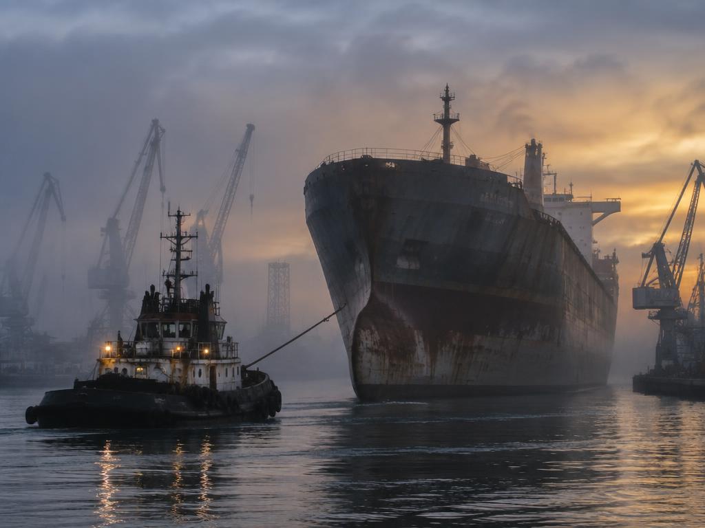 Tugboat pulling a decommissioned cargo hull into a ship break yard at dawn