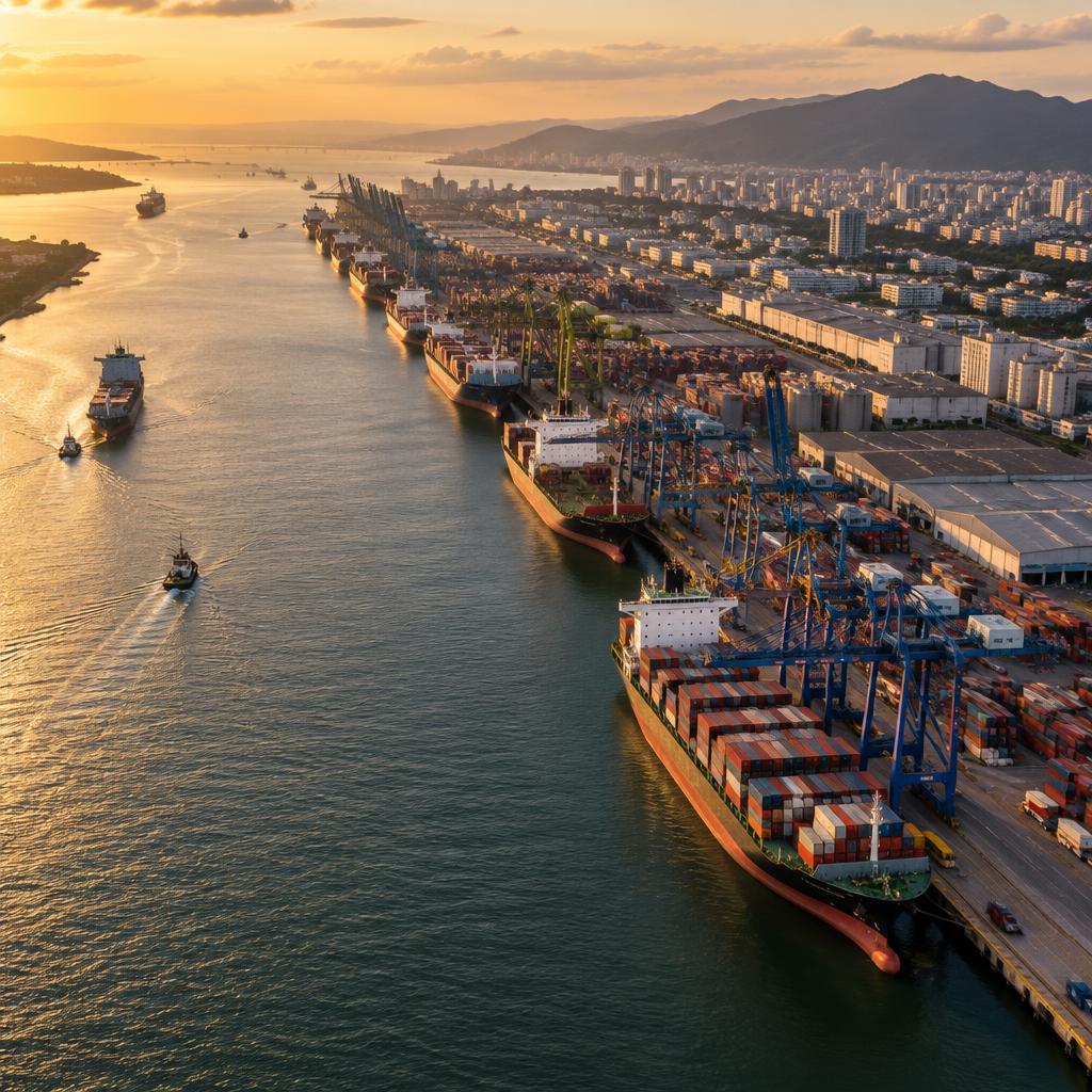 Aerial view of cargo ships lined along the quays of the Port of Santos at golden hour