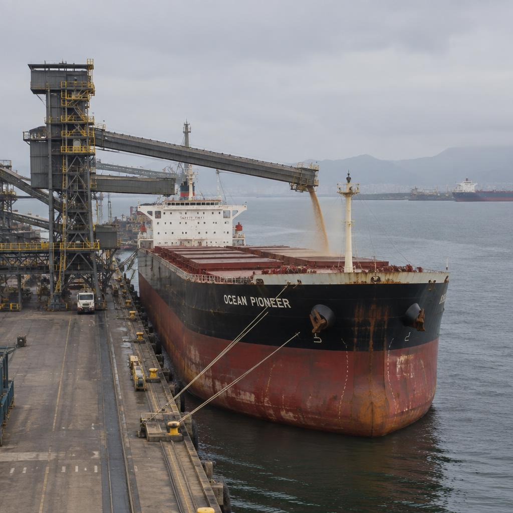 Bulk carrier loading grain alongside the conveyor loaders of the Port of Santos